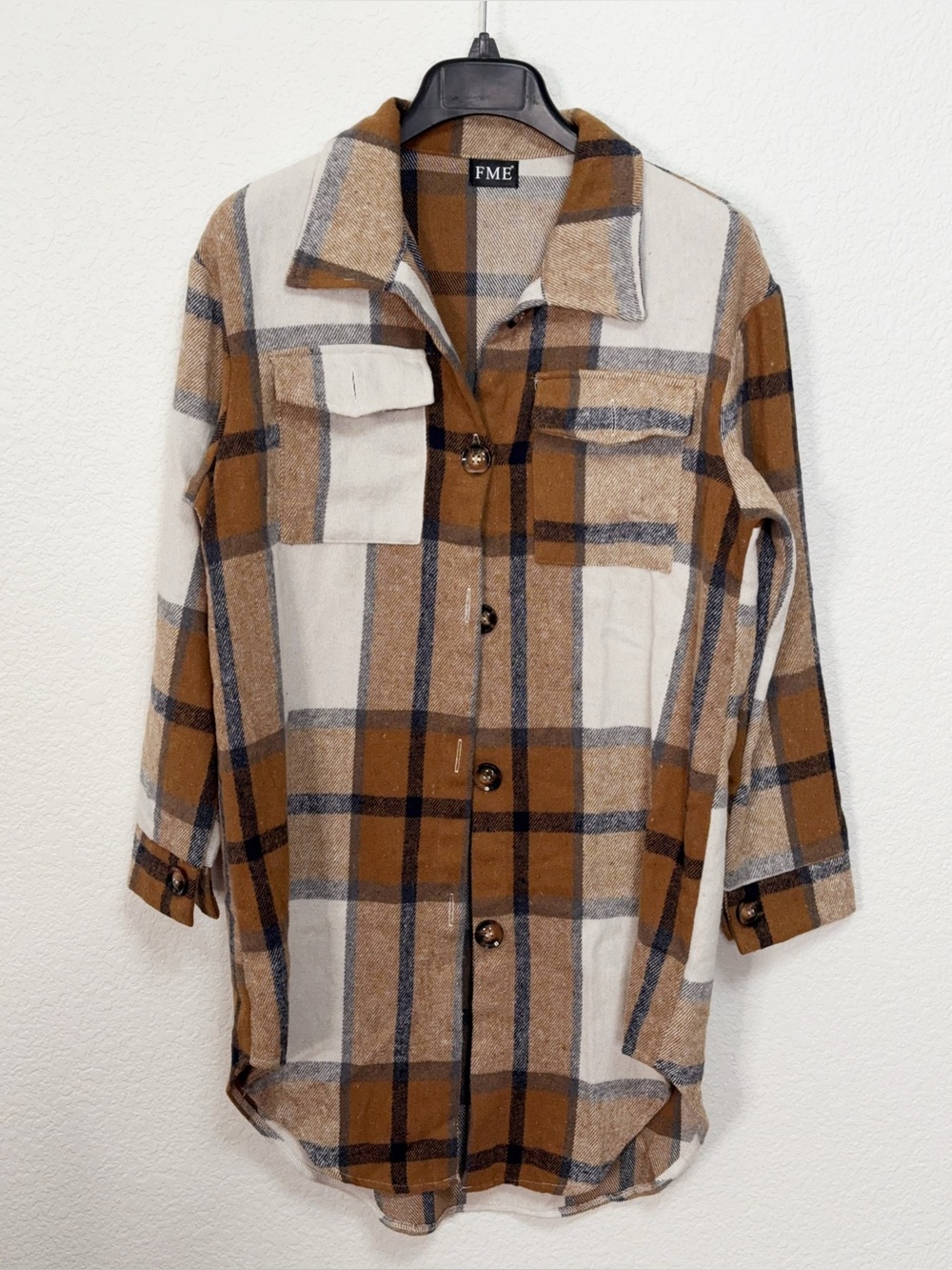 FME Camel Brown Plaid Longline Button Front High Low Shacket Jacket